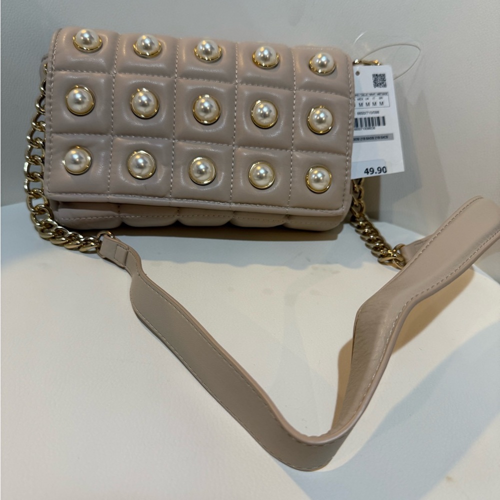 Zara quilted Beige Pearl-Studded crossbody Chain Bag